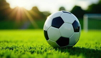 Fototapeta premium Close-up of a soccer ball on a green field, ready for a kick , championship, leg, movement