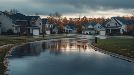 A Cloudy Day Over a Neighborhood with Reflective Puddles