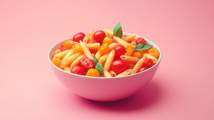 Vibrant pasta dish with colorful tomatoes and basil.