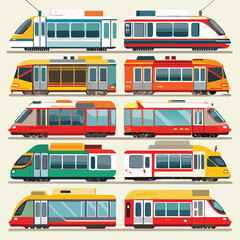 Nine classic light rail  arranged on a white background.