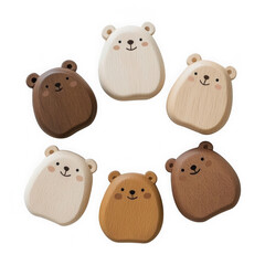 flat lay photo of six chubby wooden bear toys arranged in a circle on white surface, made of smooth wood with matte brown and beige pastel paint.