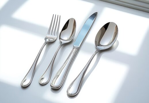 Set of polished silver cutlery including fork, teaspoon, knife, and tablespoon arranged on a white surface with soft natural light and shadows