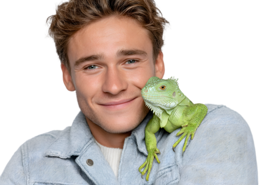 Smiling man with green iguana lizard on his shoulder