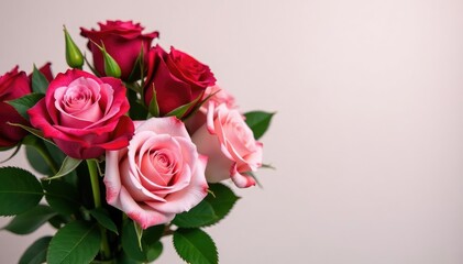 Elegant bouquet of pink and red roses, lush greenery , bloom, spring