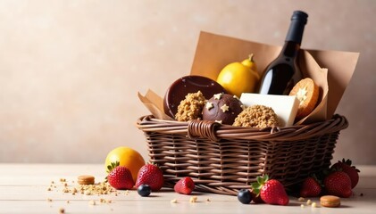 Elegant corporate gift basket overflowing with gourmet treats and high-end stationery , wine, bow