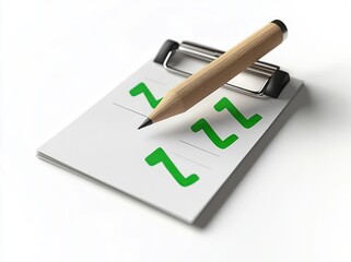 Close-up of a wooden pencil placed diagonally on a small white clipboard with multiple green checkmarks on the paper under bright lighting