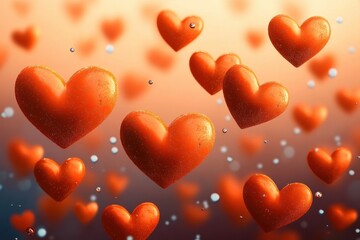 Multiple shiny red hearts floating in a warm, softly glowing background creating a feeling of love and warmth