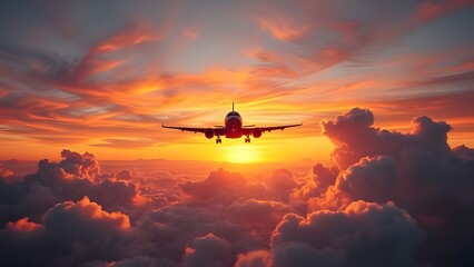 Fototapeta premium Airplane flying in beautiful sky with clouds at sunset