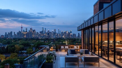 A luxurious rooftop patio overlooking a vibrant city skyline