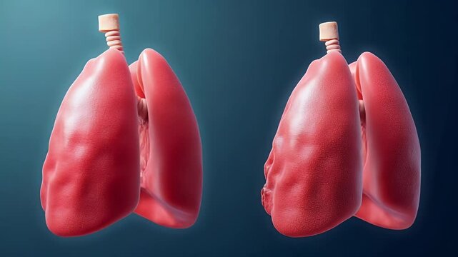 Detailed anatomical illustration of healthy and diseased human lungs, showcasing differences in texture and structure