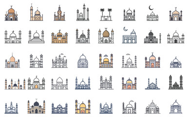 Line Art Mosque Icons, Islamic Architecture, Minarets, Crescent, Domes, Fill Color