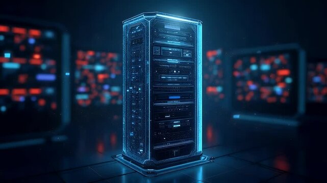 Futuristic data center with glowing server rack illuminated by neon lights, showcasing technology in a digital environment