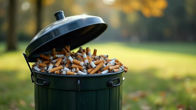 Overflowing trash can filled with cigarette butts in a serene park setting with autumn leaves and soft sunlight filtering through trees