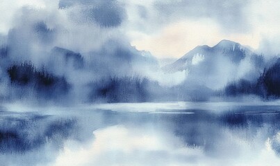 Fototapeta premium Serene misty mountain landscape with calm water reflecting fog and soft clouds in a peaceful nature scene