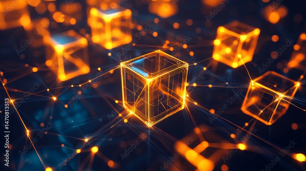 Wall mural abstract digital network glowing orange cubes futuristic technology background 3d art data grid line