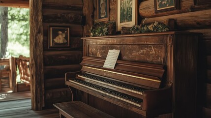 A rustic wooden piano sitting in a dimly lit cabin setting