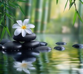 White frangipani flower resting on stacked smooth black stones surrounded by water with green bamboo stalks and leaves in a tranquil natural setting