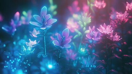 Enchanted, glowing flora in vibrant neon hues
