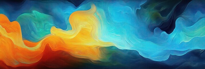 Abstract swirling waves of bright orange, yellow, and blue hues blending together in a dynamic flowing pattern evoking movement and energy