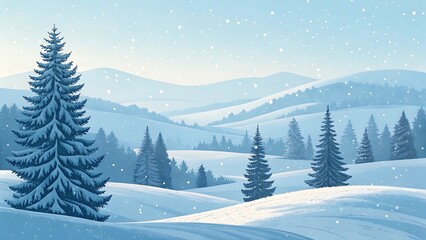 Fototapeta premium Winter wonderland, snowy hills and pine trees.