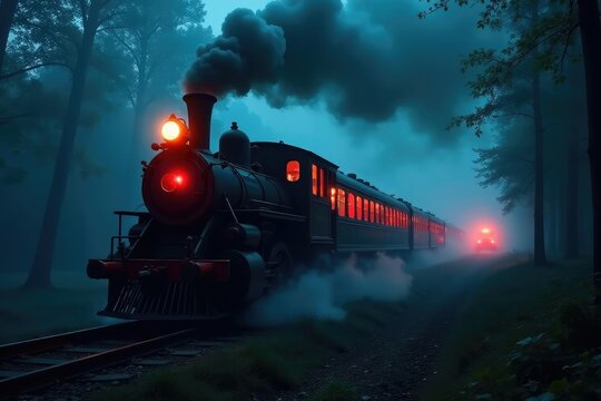 Spooky ghost train ride at night, carriages dimly lit, fog swirling , travel, journey