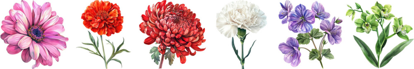 Vibrant Floral Arrangement Featuring Various Colorful Flowers with Detailed Petals and Lush Green Leaves on a Transparent Background