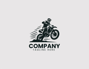 Trail Motorcycle with Rider in Action Vector Logo Design, Dirt Bike with Rider Jumping Vector Logo, Off-Road Motorcycle Rider in Motion Vector Logo