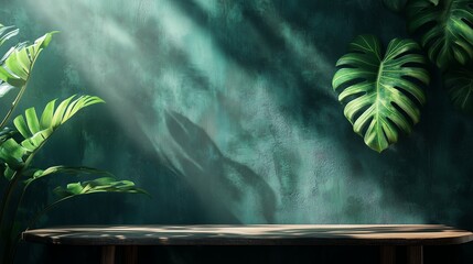 Minimalist dark green textured wall with monstera leaf shadows, elegant and modern background for branding and product display