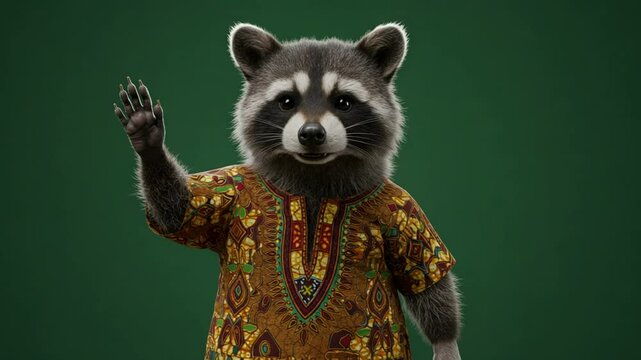Friendly raccoon waving in african dashiki on isolated green background