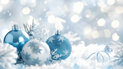 A wintery holiday scene showcasing blue and silver Christmas ornaments adorned with star patterns. The decorations are nestled in a bed of pristine white snow, creating a bright and festive ambiance.