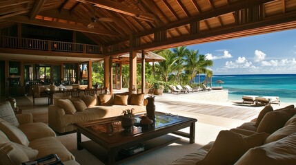 Fototapeta premium Coastal-inspired living room with open furniture layout, breezy fabrics, and light wood tones