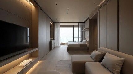 Compact minimalist space with a small gray couch, mounted TV, and built-in storage, accented with a neutral palette