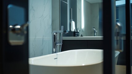 Fototapeta premium Contemporary bathroom with sleek white marble walls, modern freestanding tub, and brushed chrome faucets