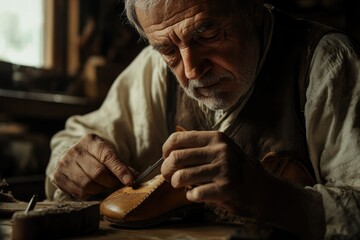 An elderly craftsman meticulously handcrafts a leather shoe, showcasing his expertise and dedication to traditional shoemaking.