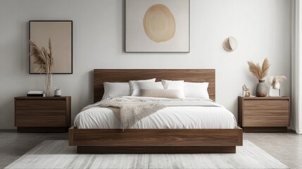 Contemporary bedroom with walnut bed frame, clean linens, and matching wooden nightstands
