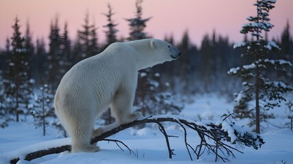A majestic polar bear perched on a snowy branch with the forest in background