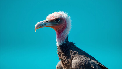 Captivating portrait of a vulture against a minimalist aqua background.