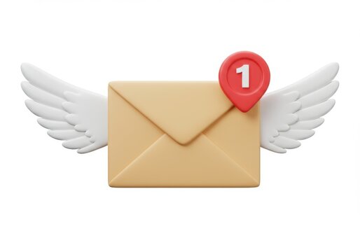 An illustration of an envelope with wings and a notification icon on white