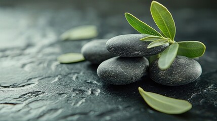Smooth Black Stones with Green Leaves on Dark Slate Surface