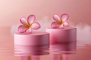 Pink flower podiums on a reflective surface