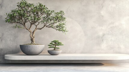 Tranquil Bonsai Trees on Minimalist Shelf in Modern Interior Space