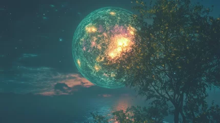 A celestial sphere illuminated above a reflective body of water