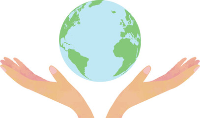 地球を優しく包む手とアメリカ大陸・大西洋の地球儀イラスト