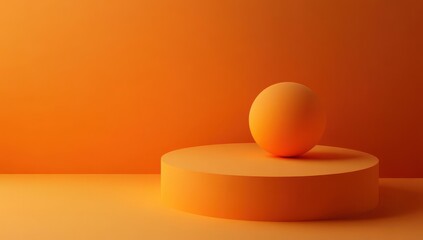 A single orange sphere rests on a circular orange platform, against a solid orange backdrop.  Soft lighting creates subtle shadows