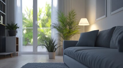 Living room with Scandinavian design, featuring a gray sofa, white walls, and indoor plants