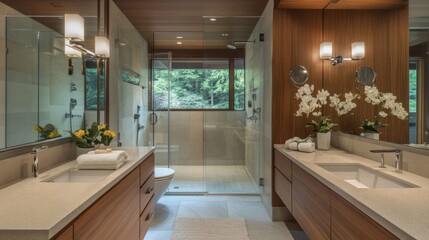 Luxuriously simple modern bathroom with glass shower, sleek vanity, and warm wood accents