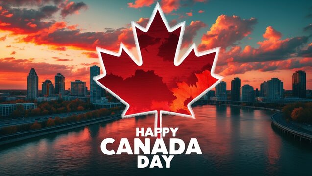 Happy Canada Day Cityscape Sunset