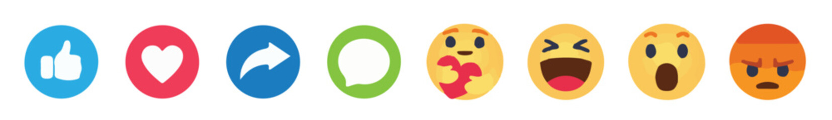 Social media reaction icon.Like, love, heart, thumb up, comment, share,  button sign in circle and speech bubble shapes, emoji post reactions, set social media notification.vector illustration eps 10.