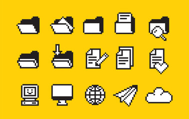 set of pixel art  user interface icon, pixel art style, icon and symbol such as, file, folder, search, computer, internet, share, cloud,download
