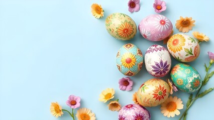 Fototapeta premium Beautiful decorated Easter eggs on light blue background, flat lay. Space for text